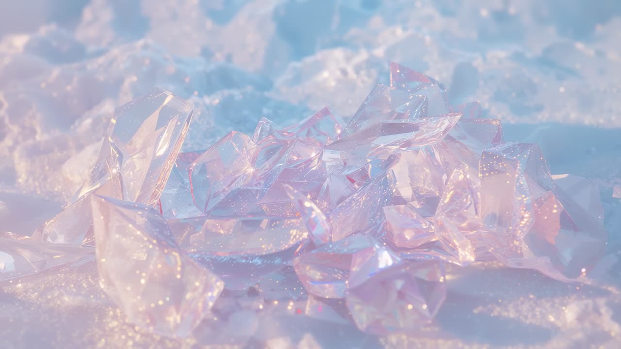 Translucent pink shards shimmering under shifting pastel light on snowy ground, highlighting glint
