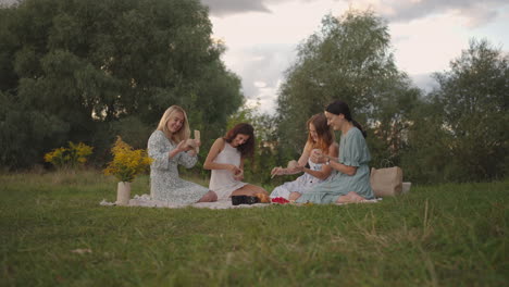 young women in nature in the field in the park together sculpt clay with tools tap clay products with shovels communicate share impressions. joint creativity. zooming in on the camera