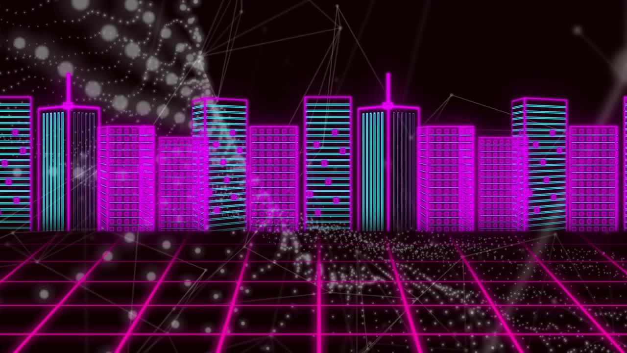 Animation of 3d neon urban financial city on grids with network connecting dots on digital interface