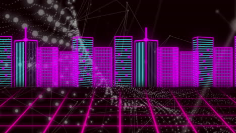 animación de la ciudad financiera urbana de neón 3d en cuadrículas con puntos de conexión de red en la interfaz digital