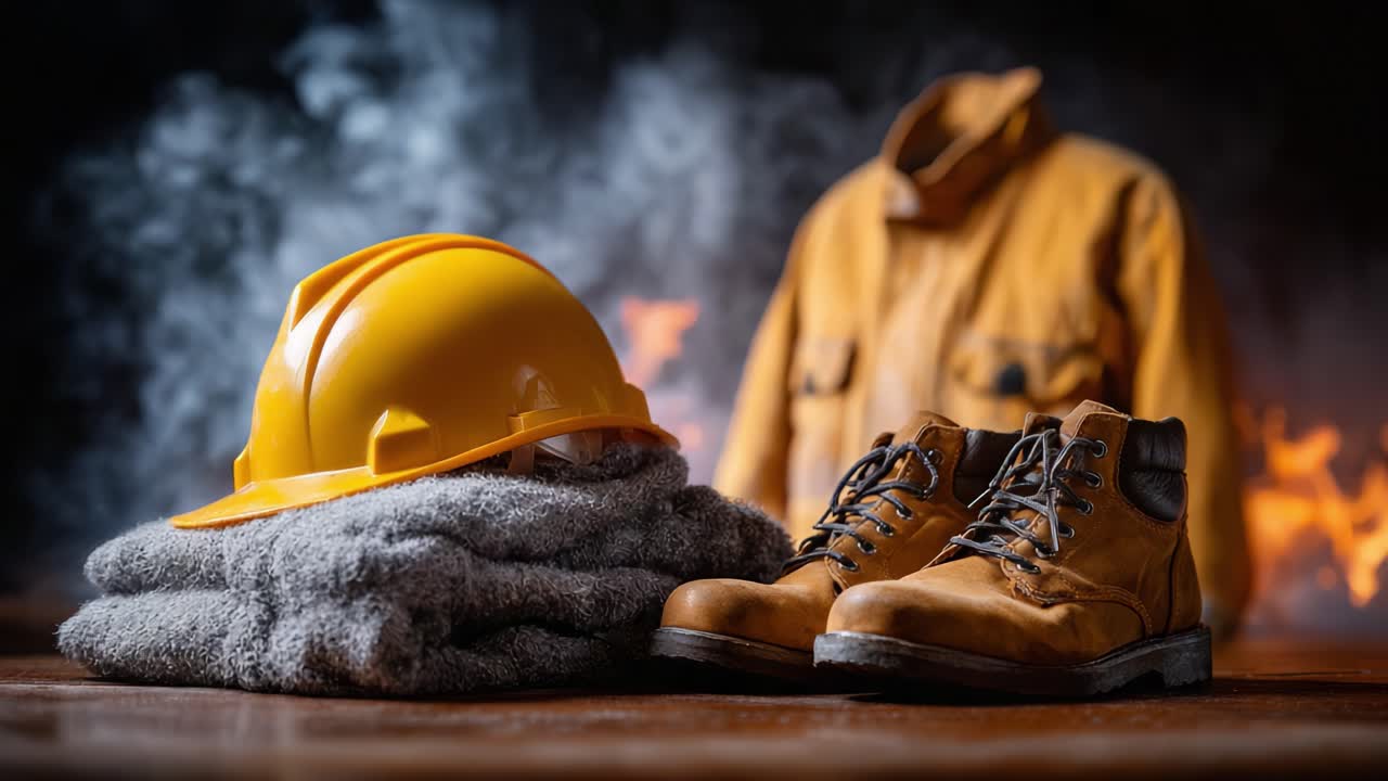 Uno sguardo mirato all'equipaggiamento da lavoro essenziale: casco, stivali e giacca perfettamente disposti per sicurezza e funzionalità in un ambiente fumoso.