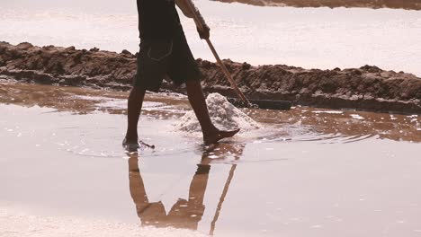 low section of a man manually gathering salt in the salt farm