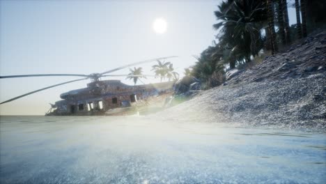 viejo helicóptero militar oxidado cerca de la isla