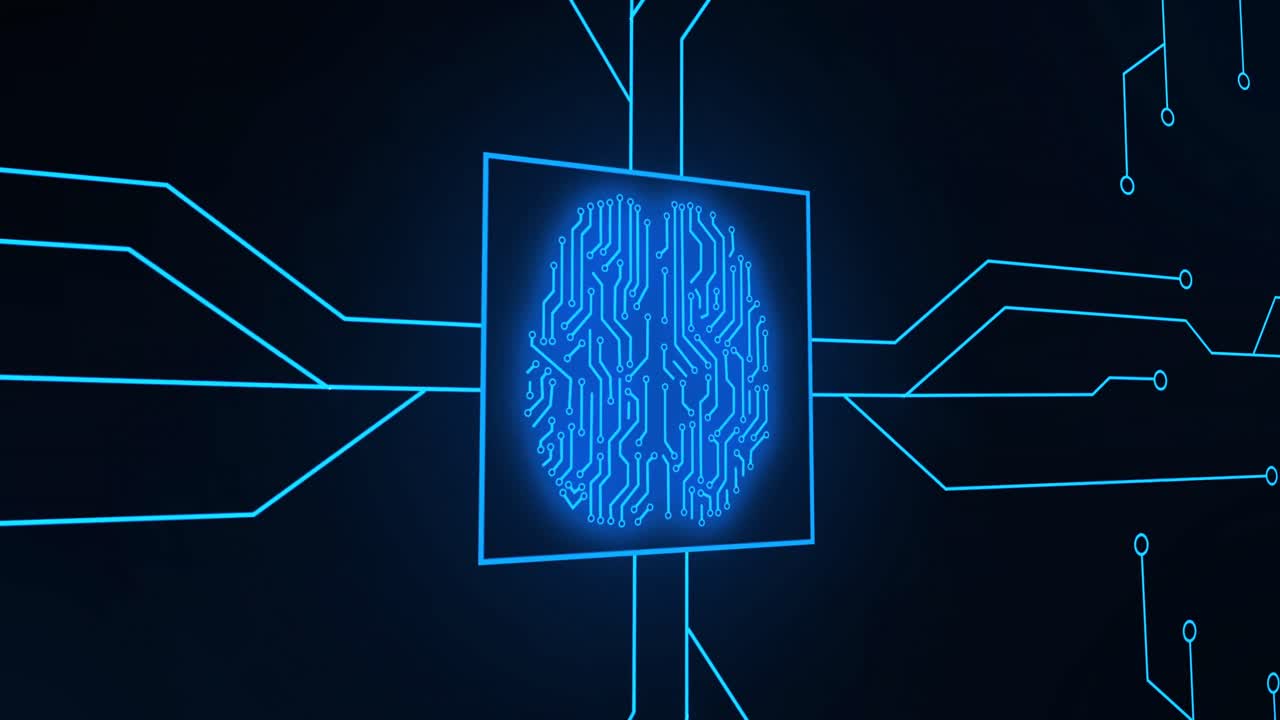 animación de cerebro humano brillante azul con circuito de placa madre de computadora sobre fondo negro