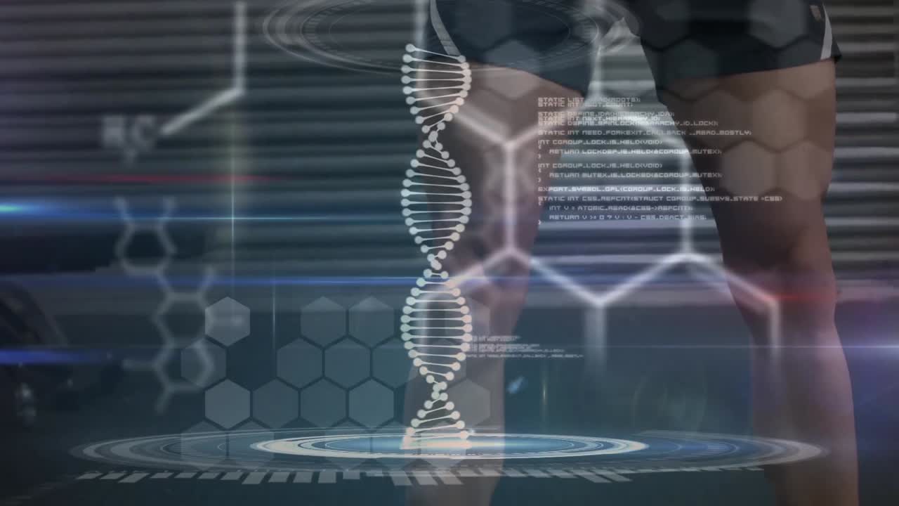 Animation of dna strand spinning over data processing and exercising strongman