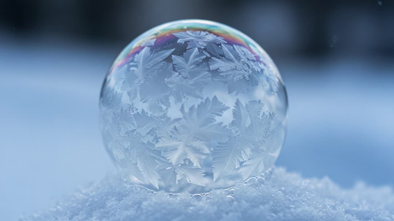 A Captivating Glimpse of a Frosted Soap Bubble Resting on Snow, Showcasing Intricate Ice Crystals and Magical Reflections in a Winter Wonderland Setting