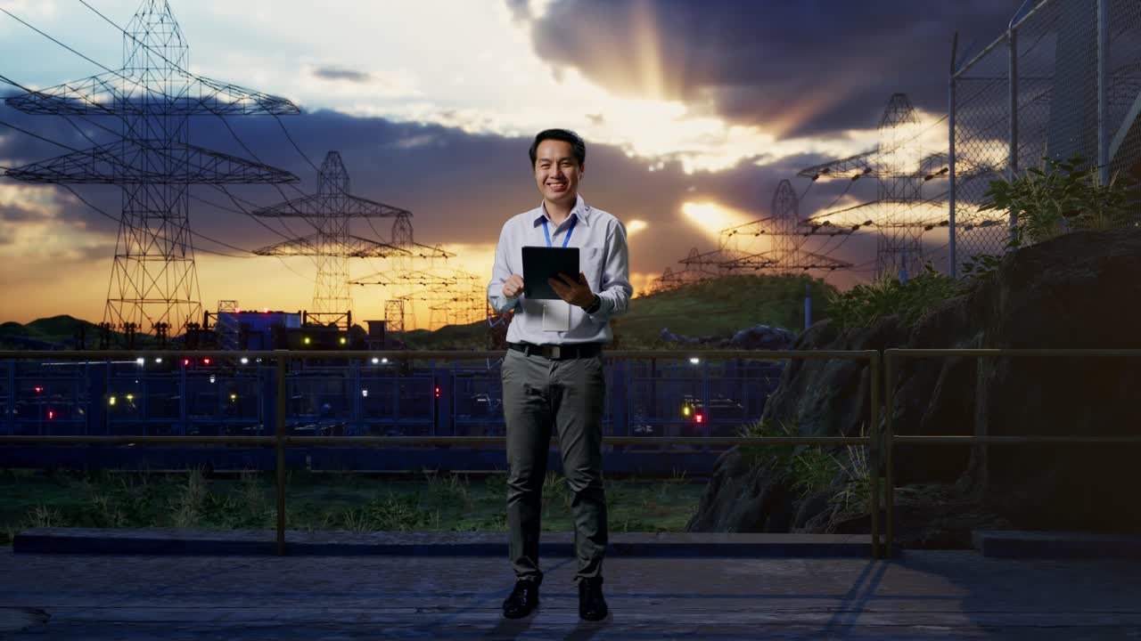 Full Body Of An Asian Male Professional Worker Standing Near High Voltage Tower, Industrial Facility, Typing On Tablet'S Keyboard With Green Screen And Look At The Factory Once