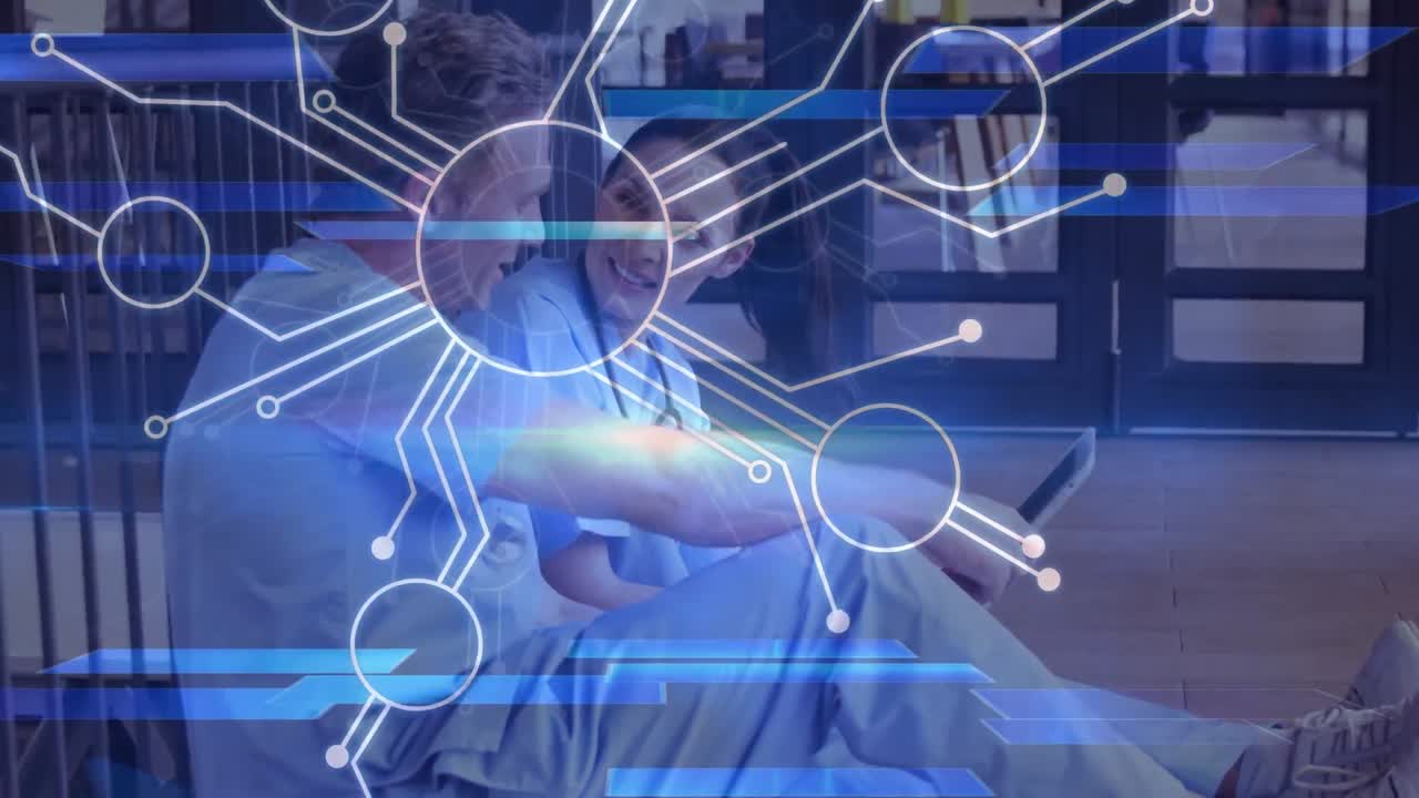 코카시안 여성과 남성 의사가 대화하는 연결 네트워크의 애니메이션