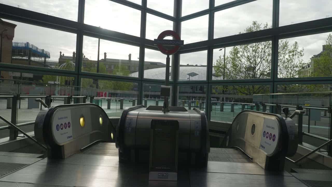 Empty escalators in Saint Pancras international station during covid lockdown, London