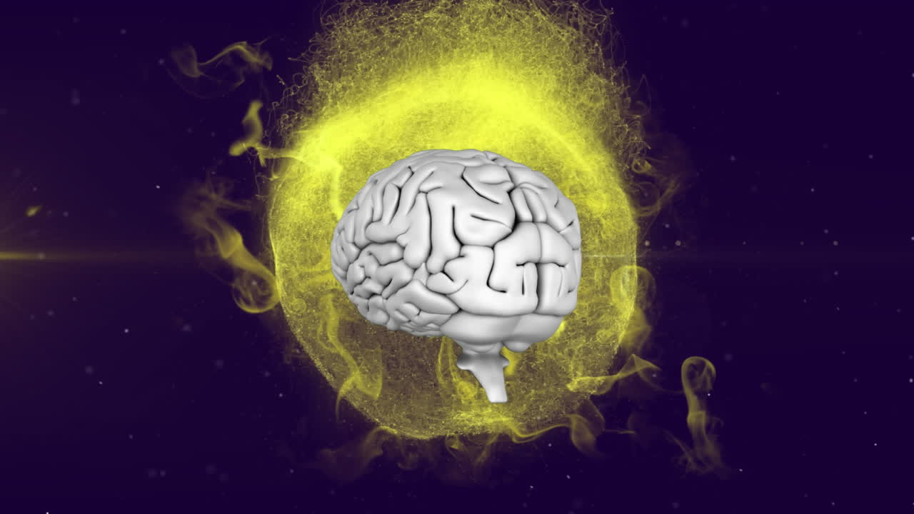 animación de un cerebro humano en 3d girando sobre un fondo púrpura.