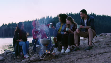 friends enjoying campfire by the lake