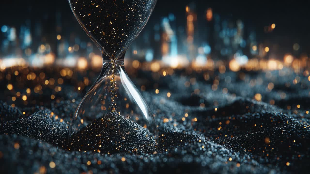 A Visual Representation of Time Flowing: An Hourglass Surrounded by Sparkling Sands in a Dreamlike Landscape with Glittering Particles and Mystical Ambiance