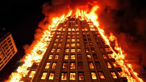 a tall building is engulfed by flames in the dark