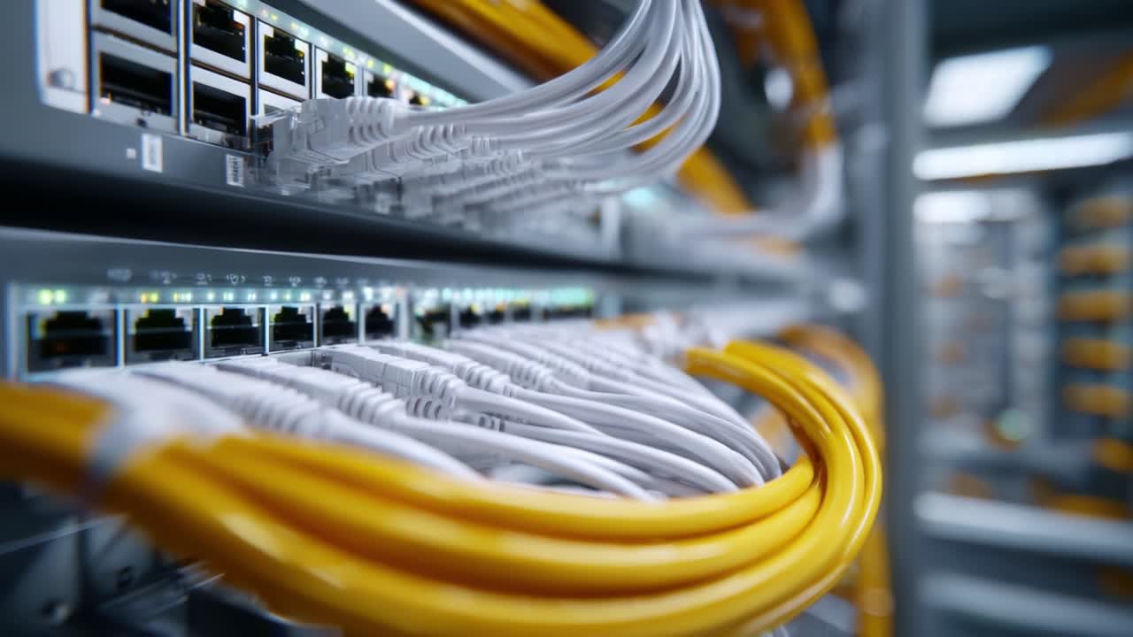 Detailed Close-Up of Network Cables and Connectors Highlighting Their Complexity and Arrangement in a Modern Data Center Environment
