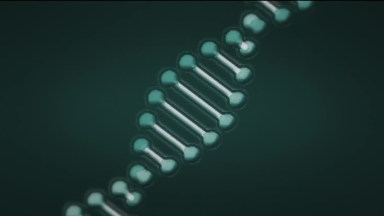 animación de formas púrpuras sobre una cadena de adn sobre un fondo negro.