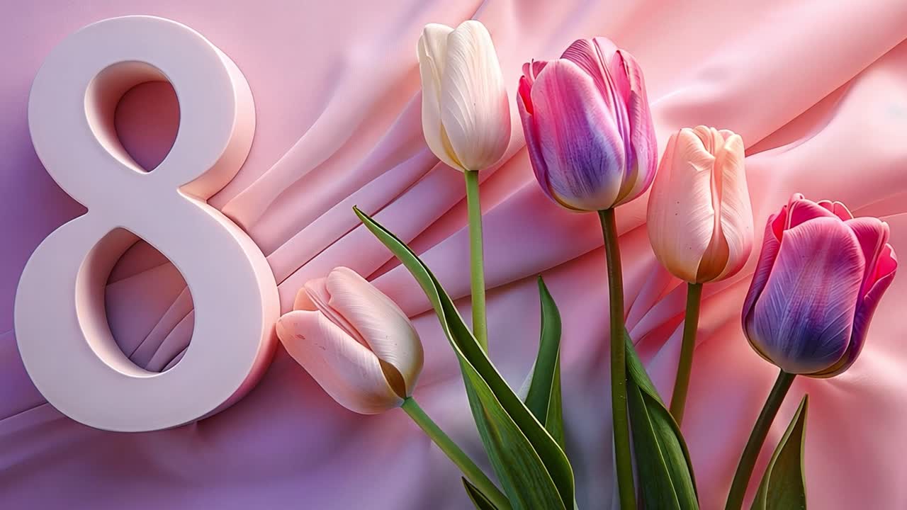 Saudação do Dia Internacional da Mulher com Tulipas e o Número 8