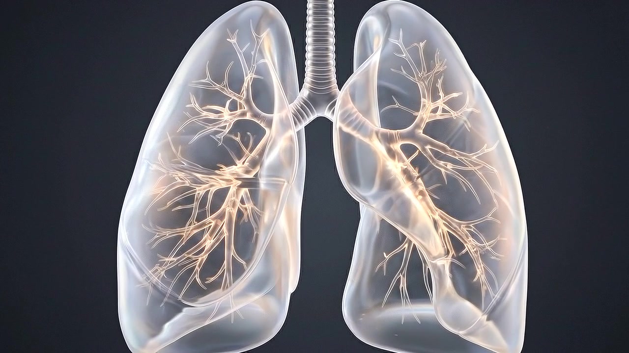 Visualizzazione dell'anatomia del sistema respiratorio umano che mostra polmoni trasparenti.