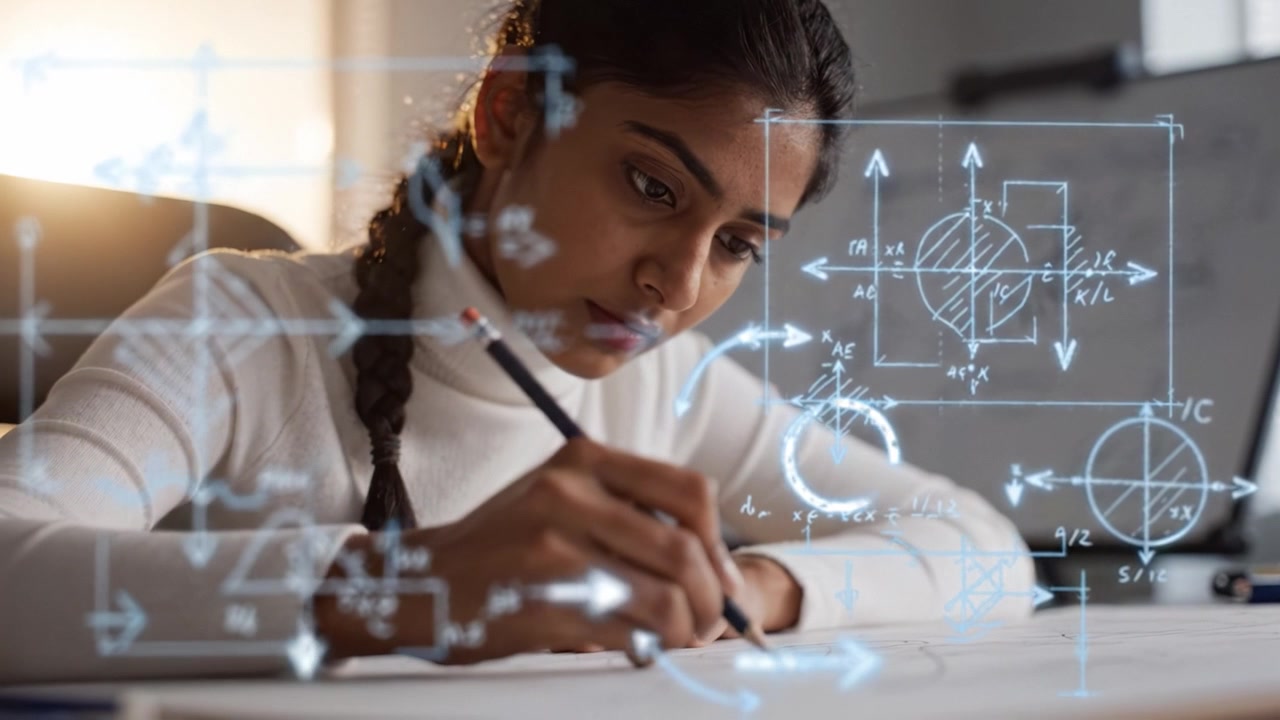 Focused Young Woman Sketching Technical Diagrams with Precision While Sitting at Desk, Demonstrating Artistic Skills and Creativity in Engineering Design Context