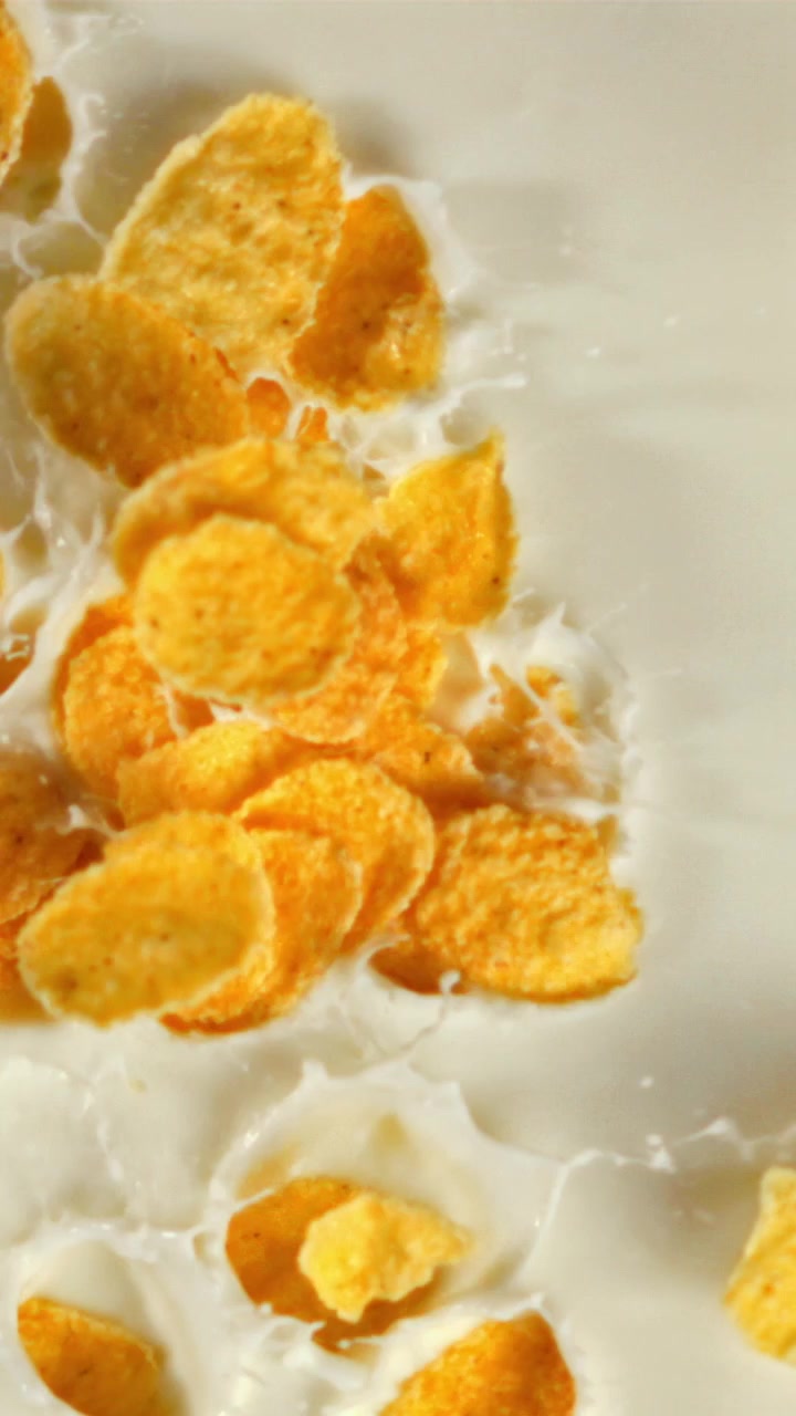 Primo piano al rallentatore di cornflakes che cadono nel latte