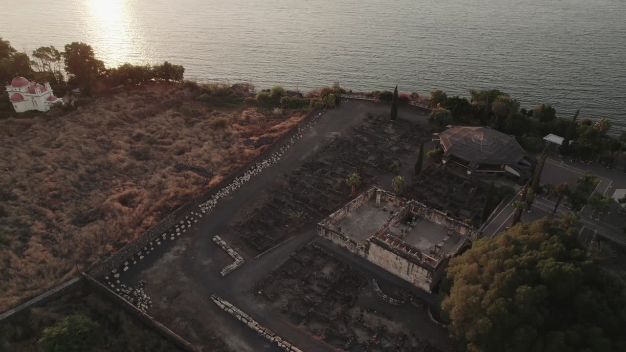 Riprese aeree delle antiche rovine di Cafarnao in Israele