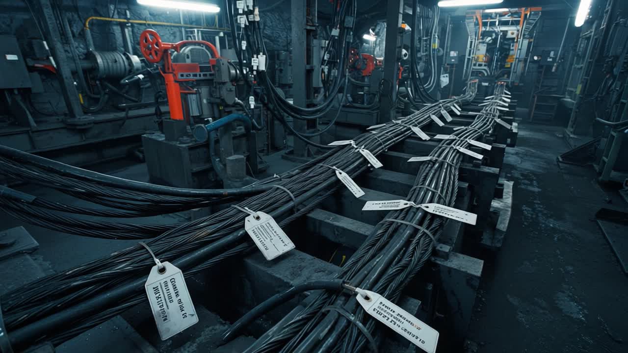 Detailed View of Industrial Control Room Wiring Showing Cables Labeled with Tags for Efficient Management and Organization in a Complex Engineering Environment