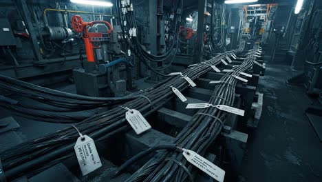 detailed view of industrial control room wiring showing cables labeled with tags for efficient management and organization in a complex engineering environment