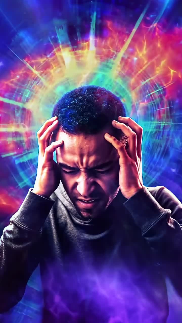 Dramatic close-up video concept of a man in distress with vibrant energy effects