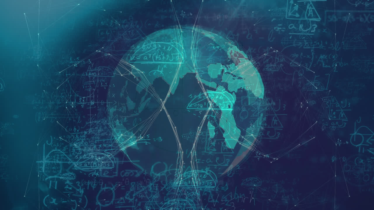 수학적 방정식과 공식 위에 회전하는 지구의 애니메이션