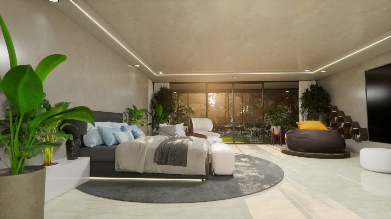 Camera da letto minimalista moderna con vista giardino al tramonto