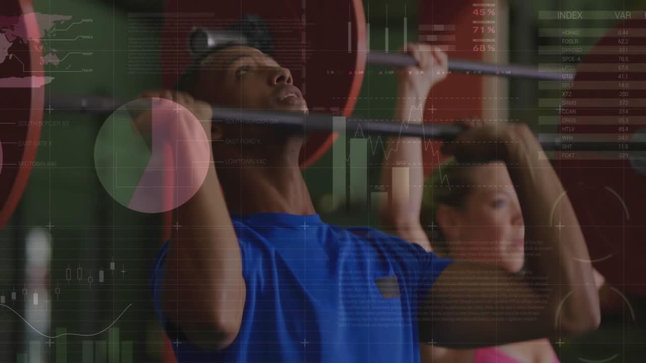 Male and female pair holding bars at chest and pressing overhead in fitness, HUD tracking strength