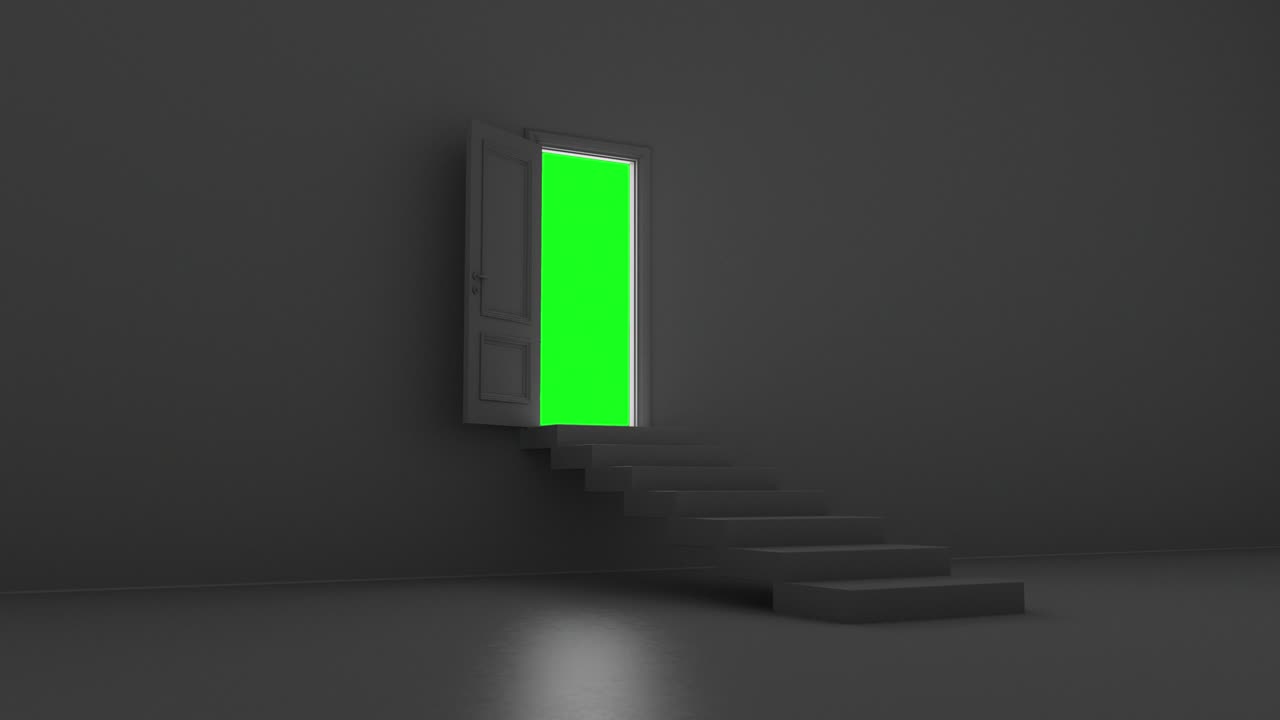 puerta abierta con escalones en una habitación oscura en una pantalla verde