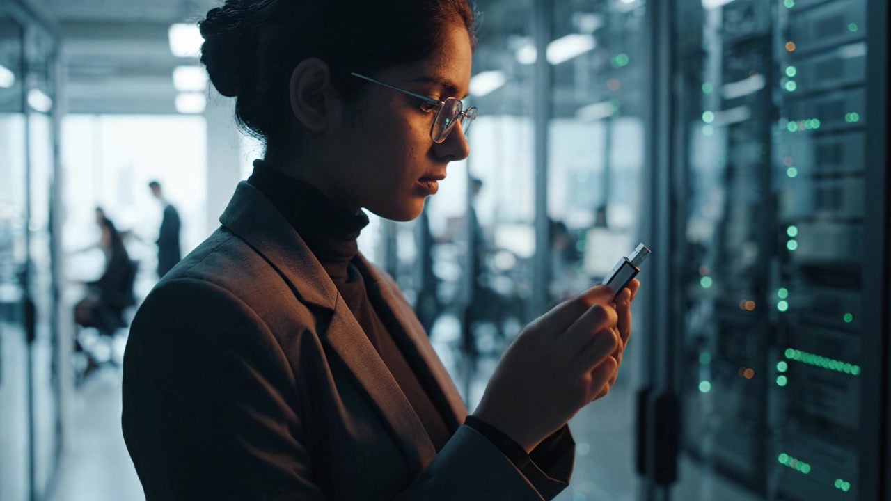 A professional woman examines a USB device while surrounded by data servers, illustrating the intersection of tech innovation and contemporary business environments.