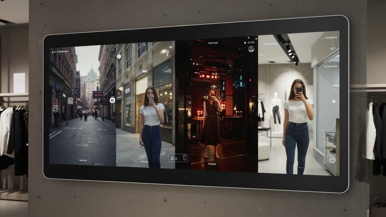 Innovative Interactive Display Showcasing Fashion Transformations: Virtual Try-On Experience with Three Distinct Outfit Choices and Settings