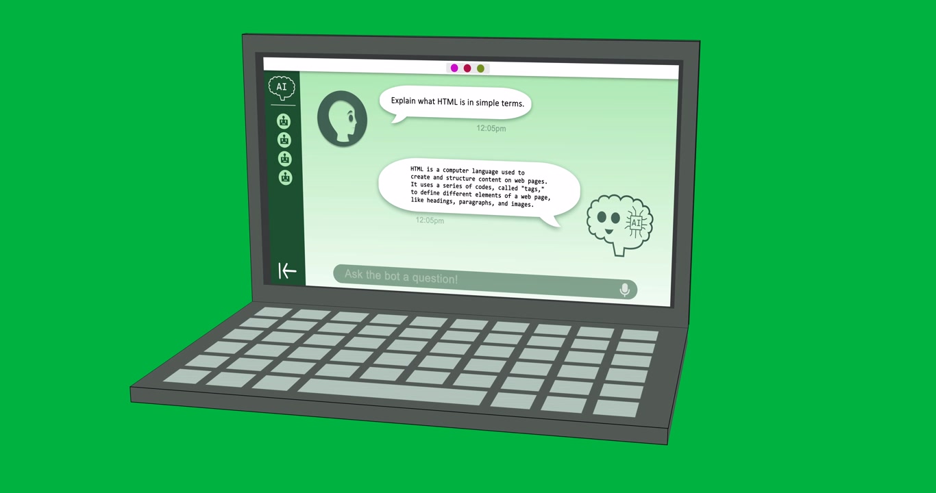 Animazione di testo di chat AI e elaborazione dati sullo schermo di un laptop su sfondo trasparente