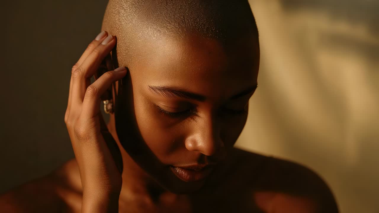 Rispondendo a una chiamata, donna a spalle scoperte che tiene in mano un telefono, alza lo sguardo e si tocca le labbra in studio