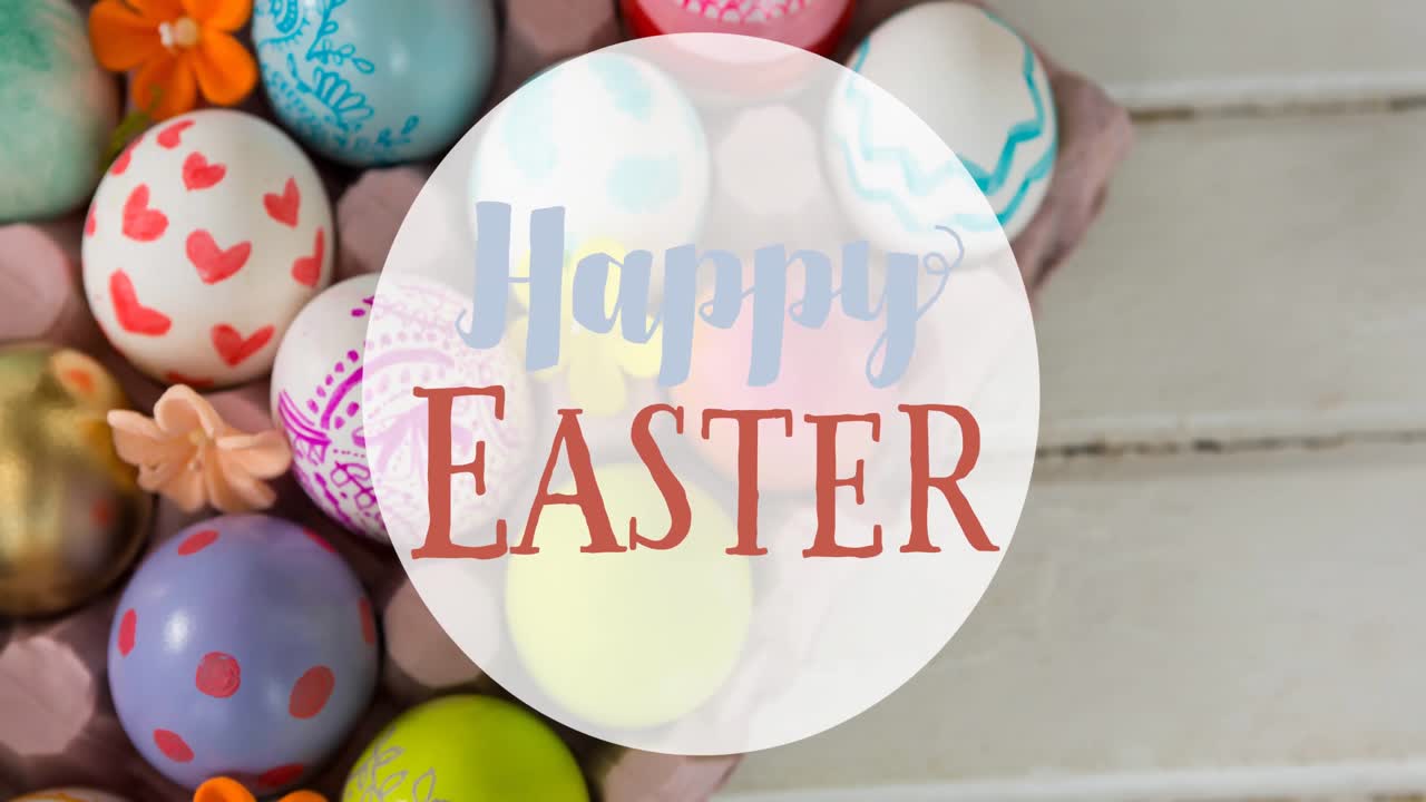 Animation of happy easter text over easter eggs