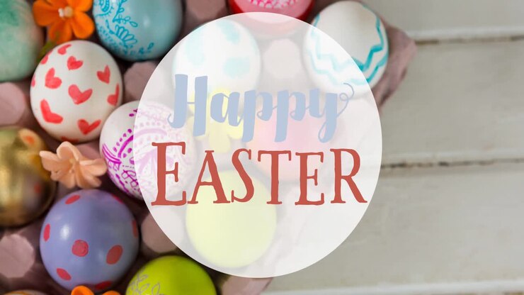 Animation of happy easter text over easter eggs