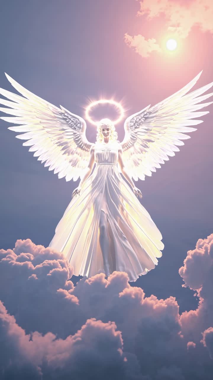 A celestial angel with glowing wings and halo floats above clouds