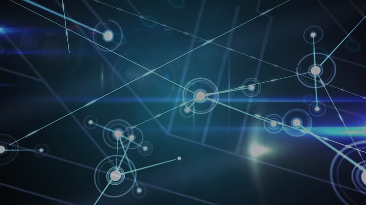 Animation of networks of connections over blue background