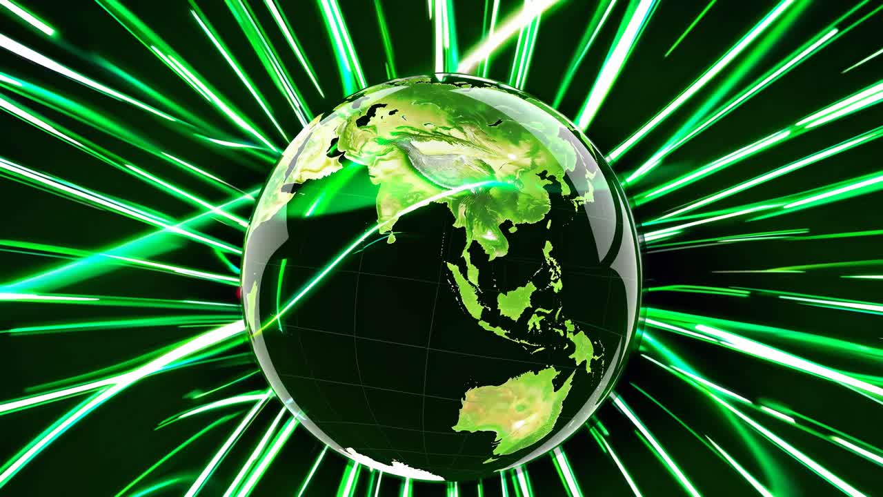 Dynamic video concept of Earth with a top-down angle, surrounded by vibrant green light streaks