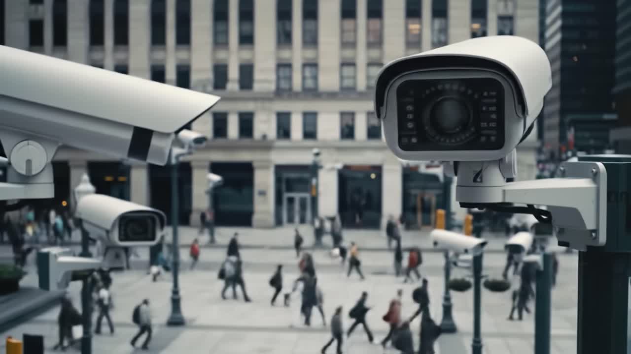 Surveillance in the City: A Close-Up View of Security Cameras Monitoring Pedestrians Below in a Bustling Urban Environment
