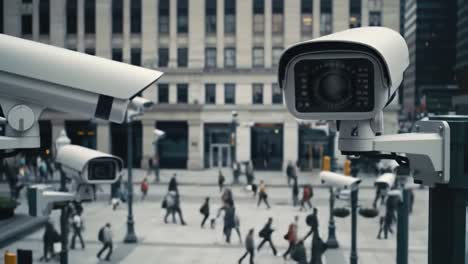 surveillance in the city: a close-up view of security cameras monitoring pedestrians below in a bustling urban environment