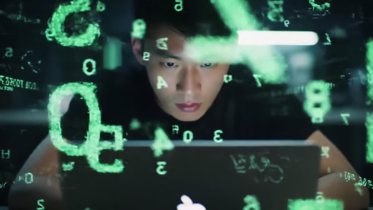 A focused individual engages intensely with a laptop, surrounded by glowing green alphanumeric characters, depicting a scene of digital exploration and technological immersion