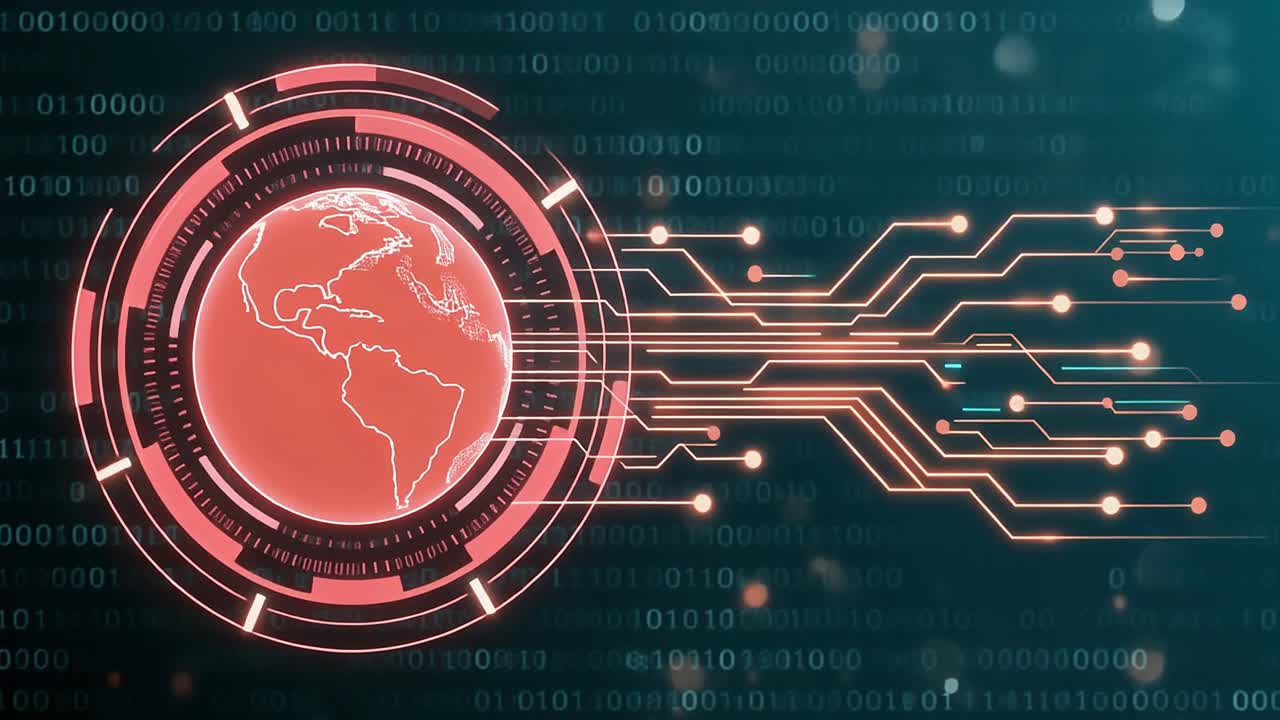 Animated Digital Globe with Circuit Board Network and Binary Data