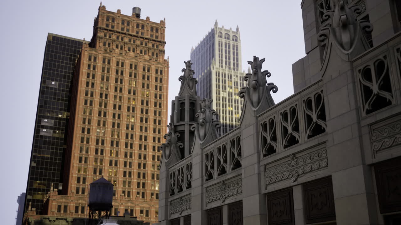 Historic architecture contrasting with modern skyscrapers in urban landscape