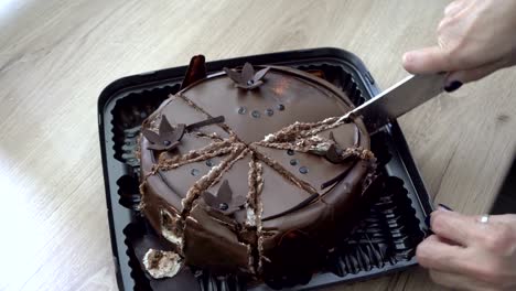 woman cuts into large pieces of chocolate cake decorated with chocolate flowers on top. cake stands in gift box on the table in the kitchen. close up. the view from the top. 4k.