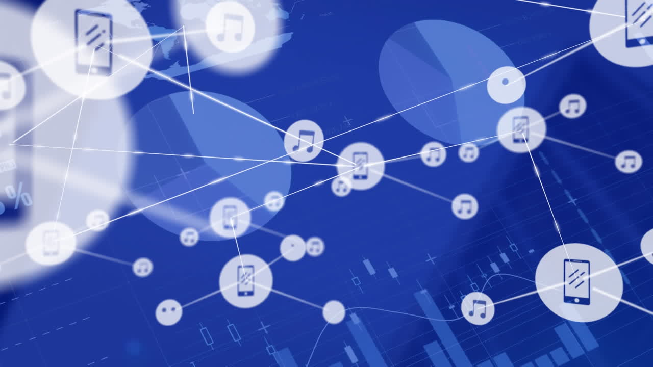 디지털 아이콘 네트워크의 애니메이션과 높은 건물에 대한 통계 데이터 처리