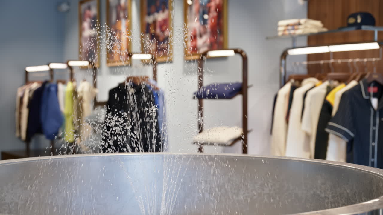 Close up of a small water sprinkler fountain inside a hipster clothing store