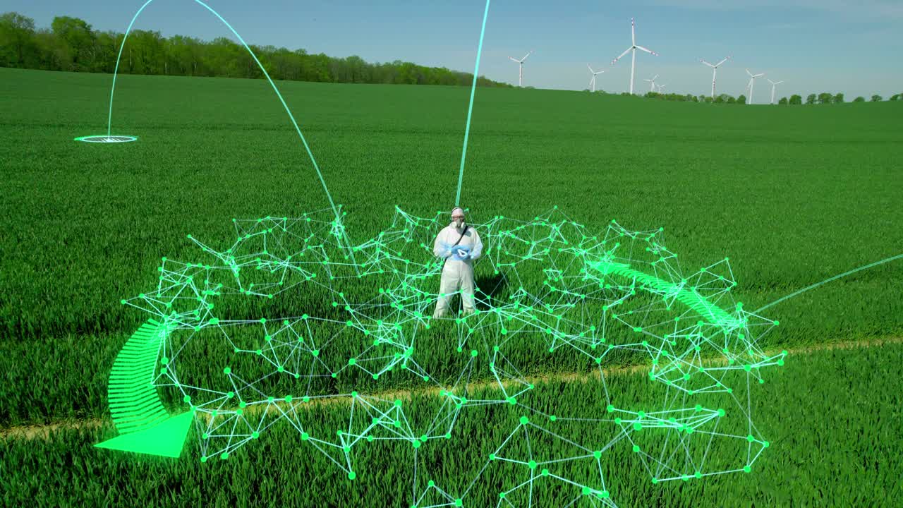 농부 연구원은 증강현실을 사용하여 작물의 품질을 확인합니다.