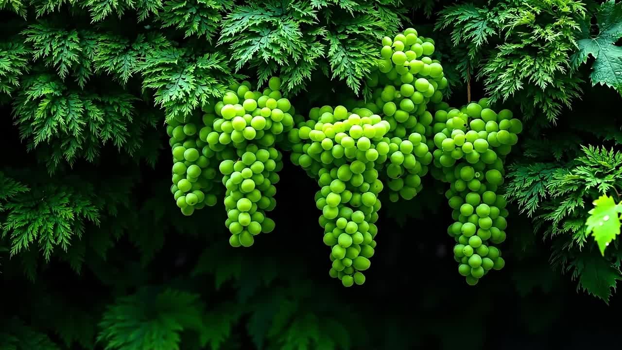 A bunch of green grapes hanging from a tree branch
